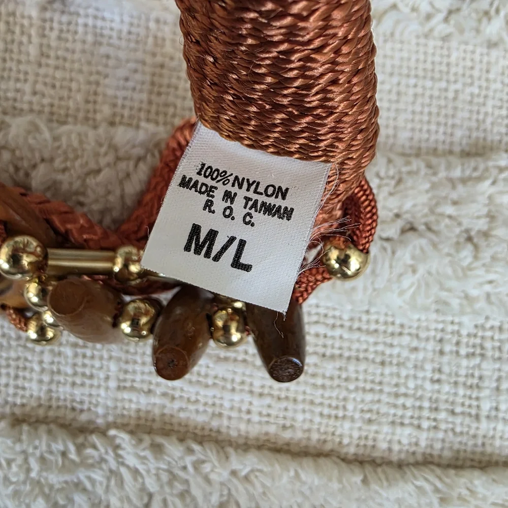 Nylon Belt With Wood Beads And Gold Accents